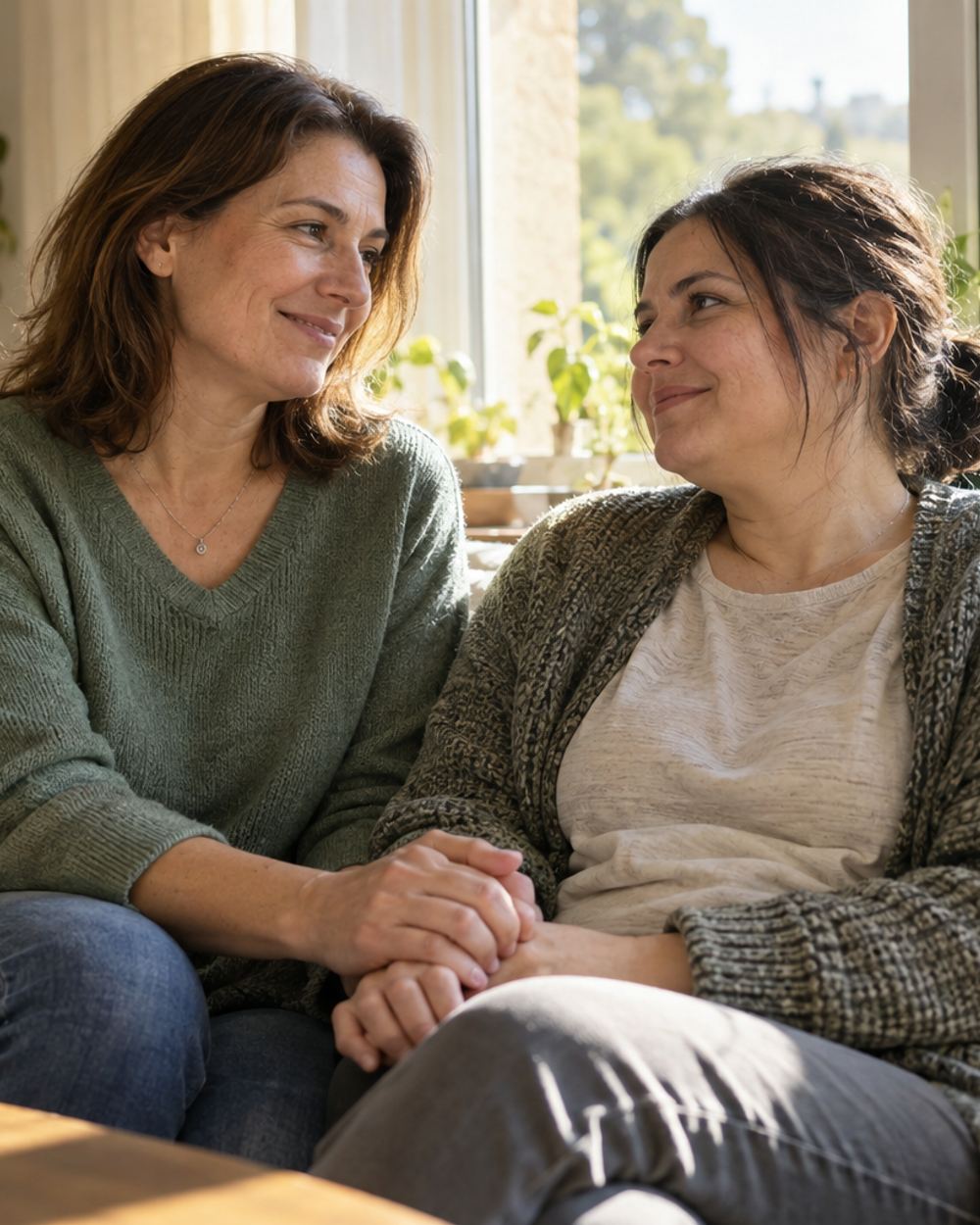 Two women on a sofa holding hands, one with a walking stick beside her