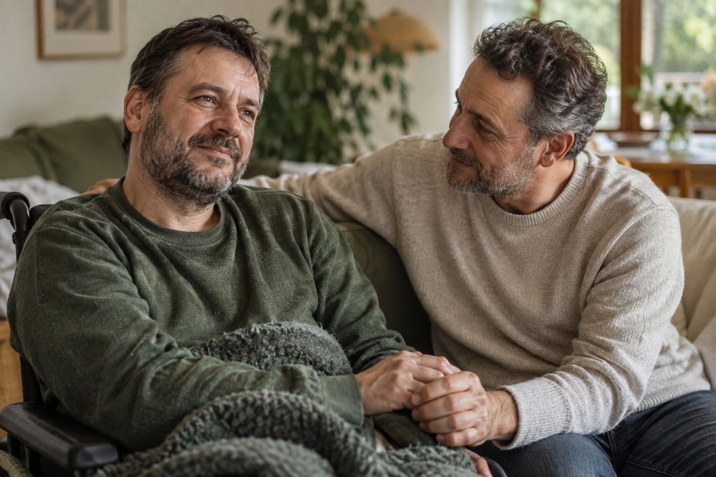 Doi bărbați pe canapea, unul în scaun rulant, ținându-se de mână